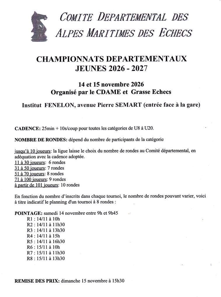 Affiche des Championnats départementaux jeunes 2026-2027 des Alpes-Maritimes, 14 et 15 novembre 2026 à Grasse