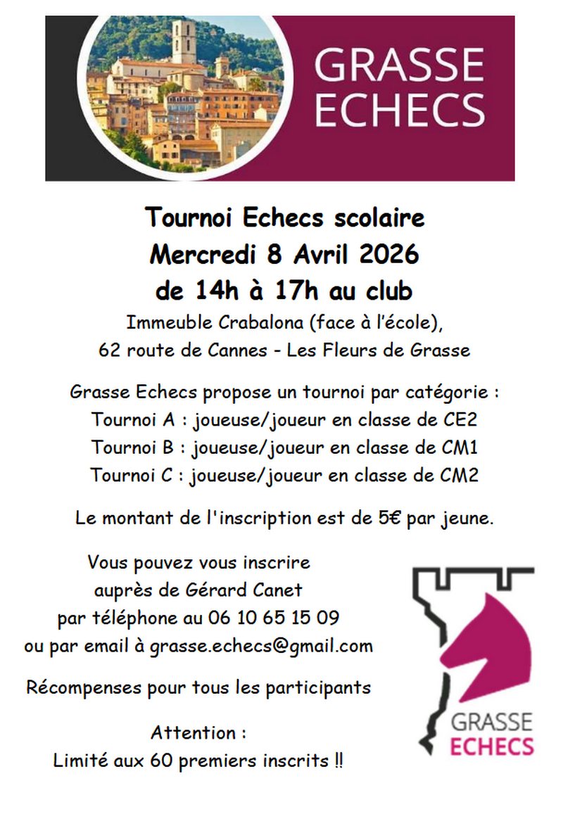 Tournoi scolaire d'échecs d'Avril 2026 au club de Grasse